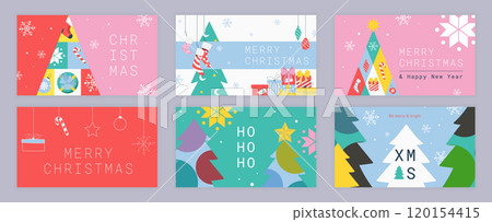 Merry Christmas cover template for social media. Xmas greeting cards with abstract fir trees with decor, hanging socks, candy canes and toy balls, gift boxes, winter snowflakes. Vector illustration. Merry Christmas cover template for social media. Xmas greeting cards with abstract fir trees with decor, hanging socks, candy canes and toy balls, gift boxes, winter snowflakes. Vector illustration. 120154415