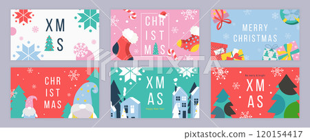 Merry Christmas cover template for social media. Xmas greeting cards with fir tree with toy balls, abstract snowflakes, gift boxes, socks, candy, gnomes in hats, winter houses. Vector illustration. Merry Christmas cover template for social media. Xmas greeting cards with fir tree with toy balls, abstract snowflakes, gift boxes, socks, candy, gnomes in hats, winter houses. Vector illustration. 120154417