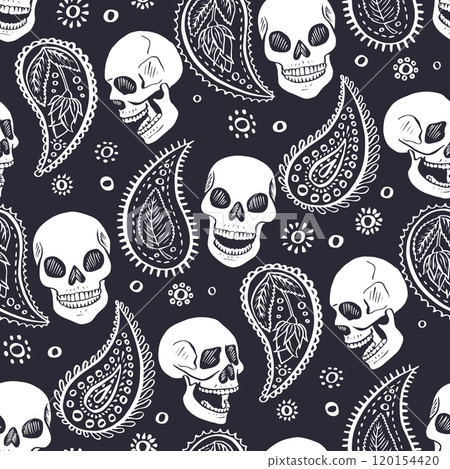 Seamless pattern with hand drawn inky floral skulls surrounded by paisley 120154420