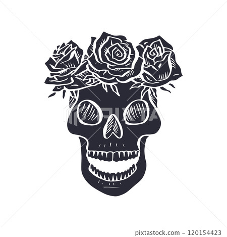 Hand drawn black silhouette floral human skull with rose wreath isolated on white background 120154423
