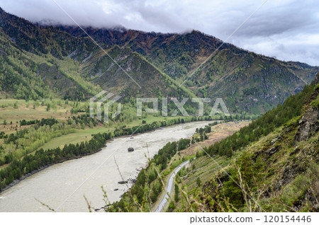 View of the Katun river and Altai mountains. Altai Republic. View of the Katun river and Altai mountains. Altai Republic. 120154446