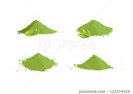 Matcha tea powder pile isolated, dry green tea japanese beverage, herbal asian drink on white Matcha tea powder pile isolated, dry green tea japanese beverage, herbal asian drink on white 120154529