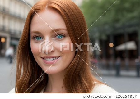 Style redhead young woman portrait with city urban background Style redhead young woman portrait with city urban background 120154817