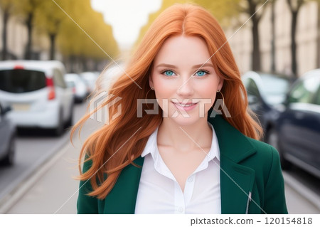 Style redhead young woman portrait with city urban background 120154818