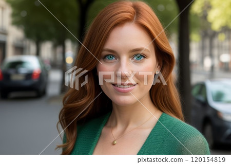 Style redhead young woman portrait with city urban background 120154819
