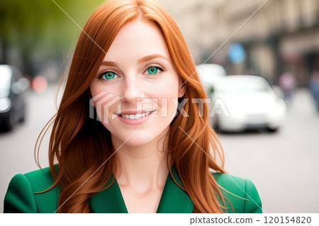 Style redhead young woman portrait with city urban background 120154820