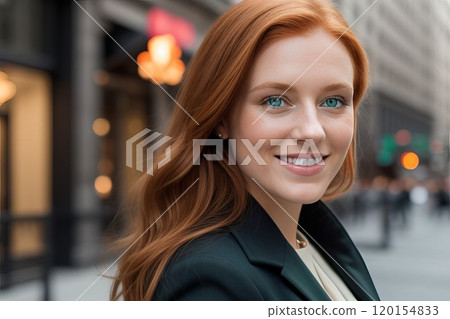 Style redhead young woman portrait with city urban background 120154833