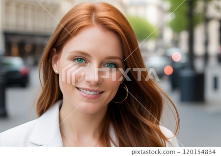 Style redhead young woman portrait with city urban background 120154834