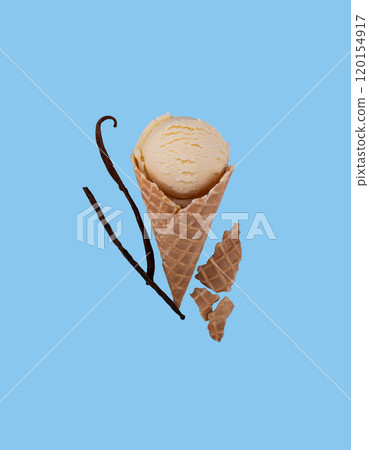 Vanilla ice cream in waffle cone 120154917