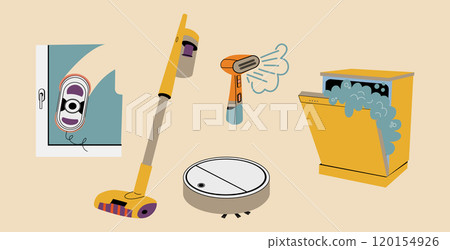Devices that help with cleaning the house. Robot vacuum cleaner, robot window cleaner, dishwasher, steam cleaner. 120154926