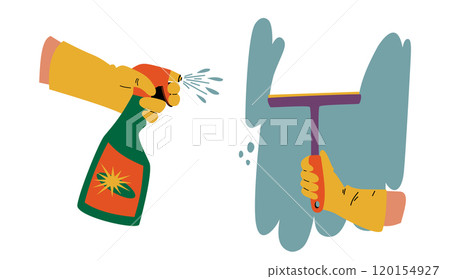 Illustration of window washing. Hands holding detergent and a window mop. Illustration of window washing. Hands holding detergent and a window mop. 120154927