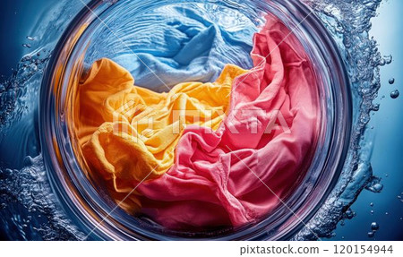 Colorful Clothes Washing in Water with Soap Bubbles 120154944