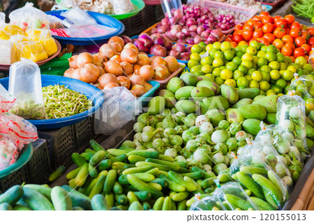 Food market with fruit and vegetable stall 120155013