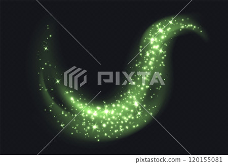 Green magic cloud with sparkles, stardust sparkling decoration. Glowing glitter smoke trail. 120155081