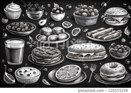 Black board with pictures of food. Black board with pictures of food. 120155256