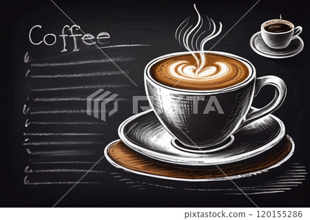 A cup of coffee an the black board. A cup of coffee an the black board. 120155286