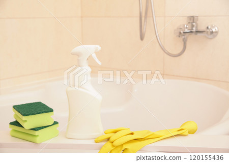 Household Chemicals Mockup. Protection Glove Yellow, Green Sponge, Liquid Cleaning solution Cleaning Acrylic Bath, Disinfection and Hygiene Concept 120155436
