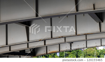 Gray steel bridge span, bottom view, abstract industrial background 120155465