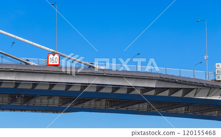 Overpass metal road bridge span with vessel height limitation sign 120155468