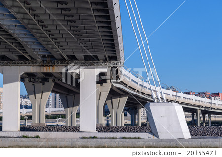 Road metal cable-stayed bridge. Bottom view Road metal cable-stayed bridge. Bottom view 120155471