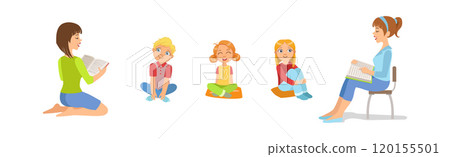 Kids Sit on Floor and Listen to Woman Read Fairytale Vector Set Kids Sit on Floor and Listen to Woman Read Fairytale Vector Set 120155501