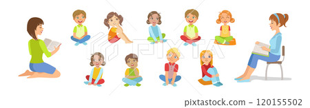 Kids Sit on Floor and Listen to Woman Read Fairytale Vector Set Kids Sit on Floor and Listen to Woman Read Fairytale Vector Set 120155502