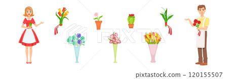 Blooming Flower Bouquet and Floral Bunch with Man and Woman Seller Vector Set Blooming Flower Bouquet and Floral Bunch with Man and Woman Seller Vector Set 120155507