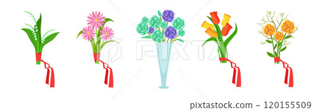 Blooming Flower Bouquet and Floral Bunch Vector Set 120155509