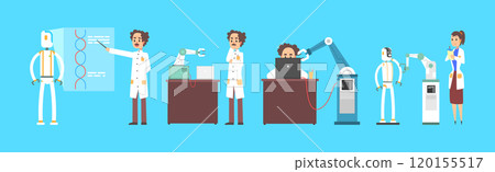 Man and Woman Scientist Inventing Robot and Artificial Intelligence Vector Set 120155517