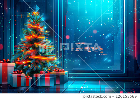 Christmas tree with gifts in the interior of a space station 120155569