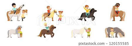 Funny Kids Riding Pony and Care of Their Horses Vector Set Funny Kids Riding Pony and Care of Their Horses Vector Set 120155585