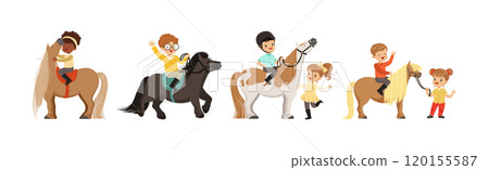 Funny Kids Riding Pony and Care of Their Horses Vector Set 120155587