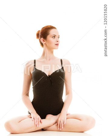 Woman in underwear doing yoga meditation Woman in underwear doing yoga meditation 120155820