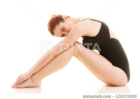 Sitting woman in underwear showing smooth legs 120155850