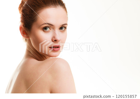 Sitting naked woman in white towel Sitting naked woman in white towel 120155857