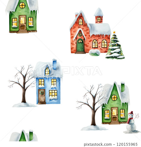 Winter seamless pattern with snow-covered house. Christmas tree watercolor, hand painted illustration isolated on background. For designers, decoration, shop, for postcards, wrapping paper, covers 120155965