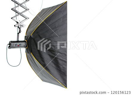 Rectangular softbox on suspended system in studio isolated on white background Rectangular softbox on suspended system in studio isolated on white background 120156123