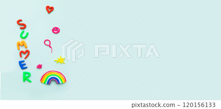 Banner volumetric figures from colored plasticine: inscription summer, rainbow, ball, heart, kiss, sun in children's style on blue background, copy space Banner volumetric figures from colored plasticine: inscription summer, rainbow, ball, heart, kiss, sun in children's style on blue background, copy space 120156133