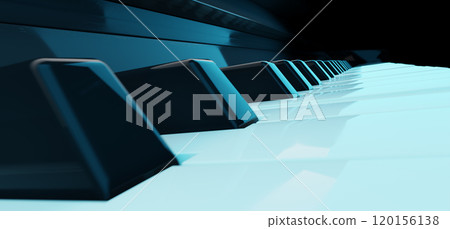 Close-up View of Piano Keys Illuminated in a Soft Blue Light at Night. 3d rendering Close-up View of Piano Keys Illuminated in a Soft Blue Light at Night. 3d rendering 120156138