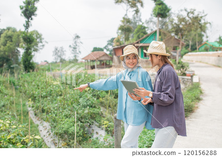 Farmers discuss effective crop management practices in a lush green landscape Farmers discuss effective crop management practices in a lush green landscape 120156288