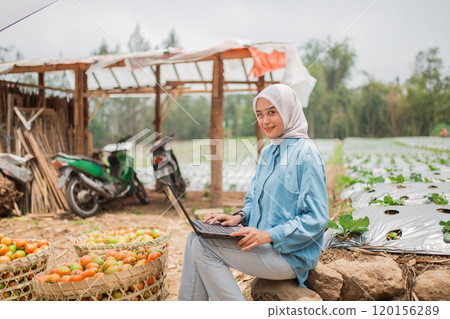 A Young Woman Engaged in Work on Her Laptop Surrounded by a Vibrant Agricultural Setting 120156289
