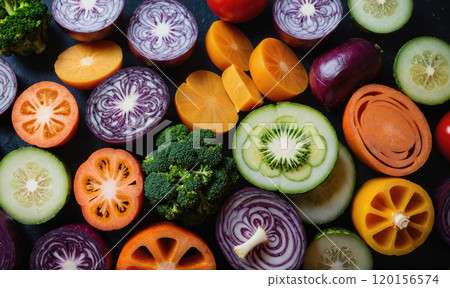 A variety of colorful vegetables and fruits are sliced and arranged on a dark surface A variety of colorful vegetables and fruits are sliced and arranged on a dark surface 120156574