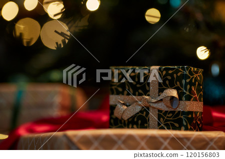 Close up background image of tiny Christmas present with golden ribbon hiding under Christmas tree with blurred twinkling lights copy space 120156803
