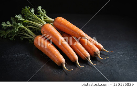 Fresh carrots with green tops are on a dark surface 120156829