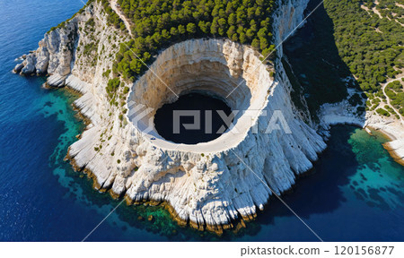 An aerial view of a large sinkhole in the island of Mljet, Croatia 120156877