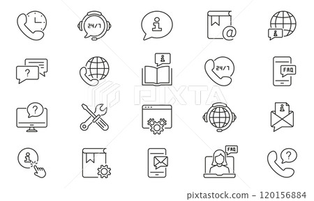 Customer Support Services Line Icon Set. Global Communication and FAQ Tools Outline Symbol Collection. 24 7 Assistance Sign. Editable Stroke. Isolated Vector Illustration 120156884