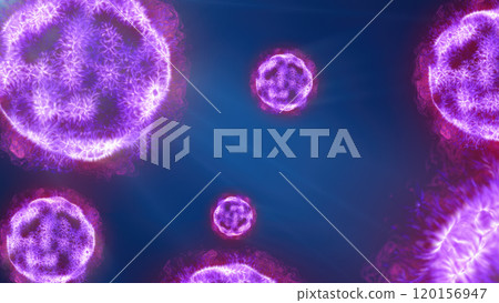 A vibrant depiction of glowing purple spheres, resembling microscopic particles or cells, floating in a deep blue space illuminated by soft rays of light 120156947