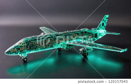 A transparent airplane model with glowing green circuit board details 120157045
