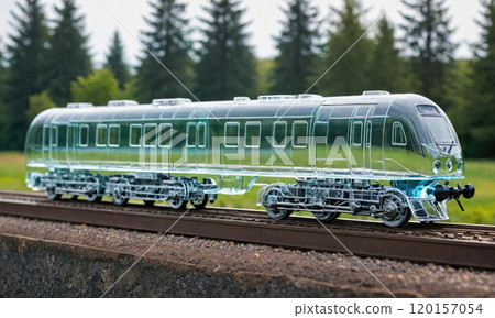 A clear glass train model sits on a set of tracks, with a green forest in the background 120157054