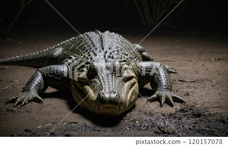 A large alligator rests on the ground, its scales catching the light in the darkness 120157078